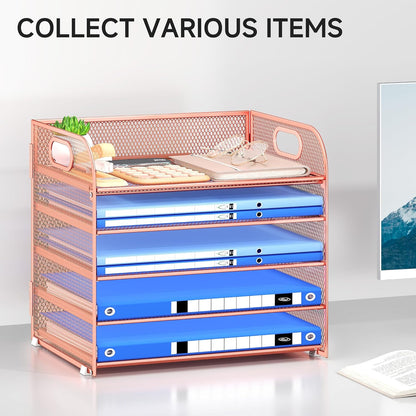 Paper Organizer Letter Tray with Handle, 5-Tier Black Stackable Desk Organizer with Metal Mesh, Sturdy Paper Tray for Office Desk, Home & Classroom Supplies Storage