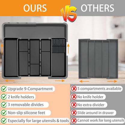 Homecor Large Utensil Organizer for Kitchen Drawer, Expandable Silverware Drawer Organizer Cooking Tray, Cutlery and Flatware Utensil Holder Kitchen Spatula Tools Storage with 3 Dividers, Grey