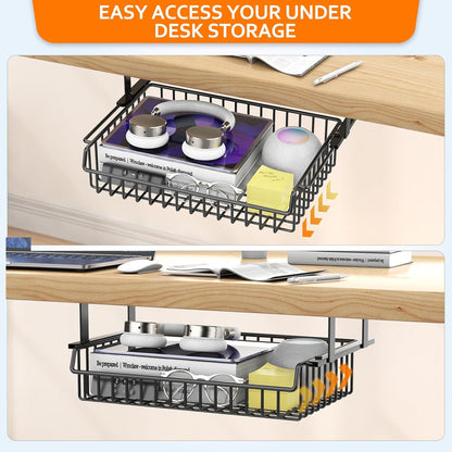 ENONCI Under Desk Drawer, Slide Out Design,No Drill Metal Under Desk Cable Management, Under Table Storage Shelf Tray Basket Under Table Drawer Organizer for Office, Home, Workspace, Cabinet