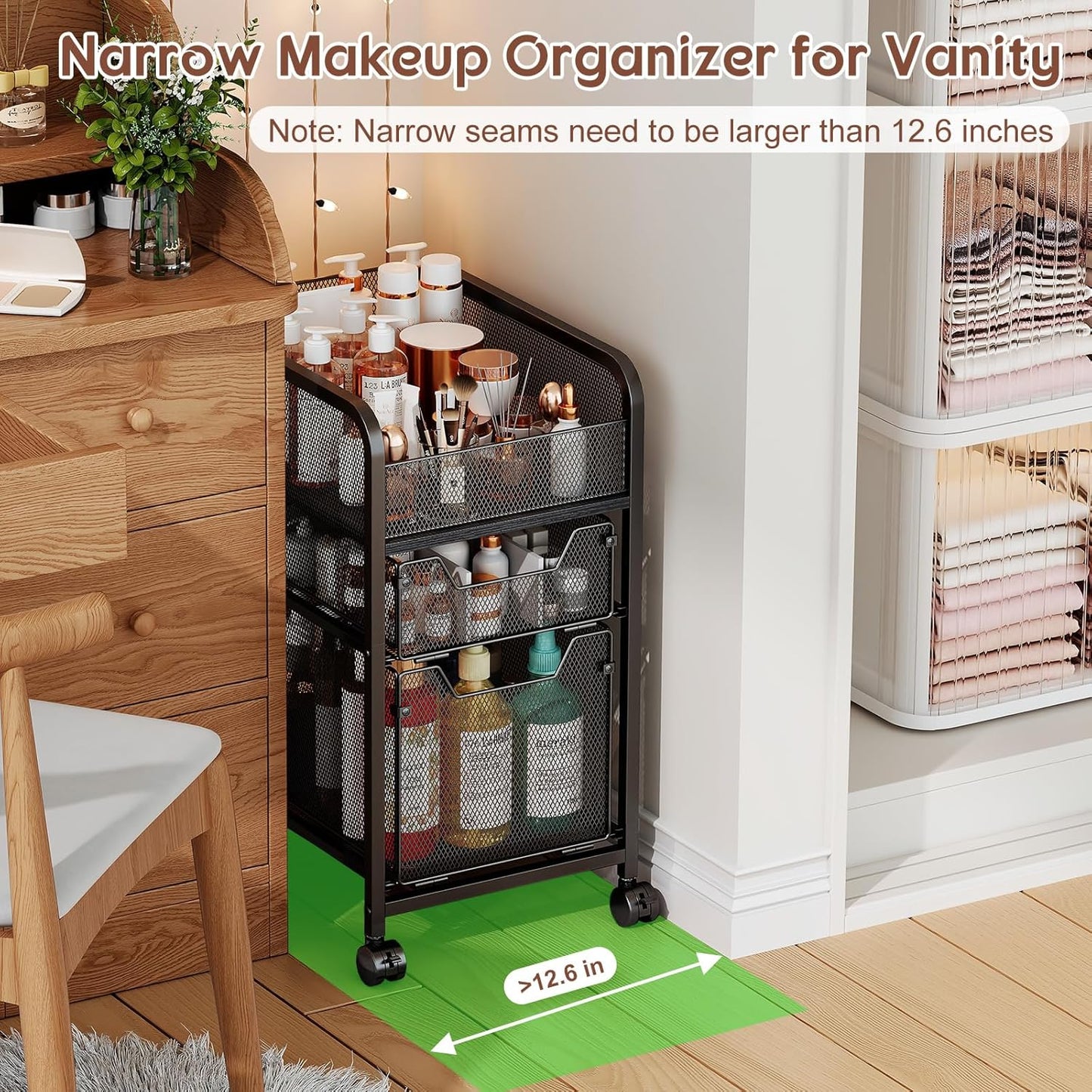 Hongtamoya Rolling Makeup Cart Organizer with 2 Drawers, Narrow Floor Skincare Organizers, Vanity Organizer Cosmetics Display Cases Holder for Skin Care Nail Polish Perfume Makeup Brush, White