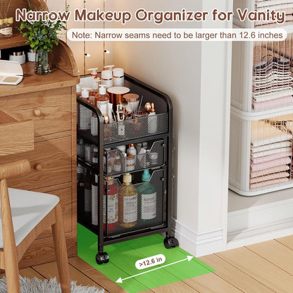 Hongtamoya Rolling Makeup Cart Organizer with 2 Drawers, Narrow Floor Skincare Organizers, Vanity Organizer Cosmetics Display Cases Holder for Skin Care Nail Polish Perfume Makeup Brush, White