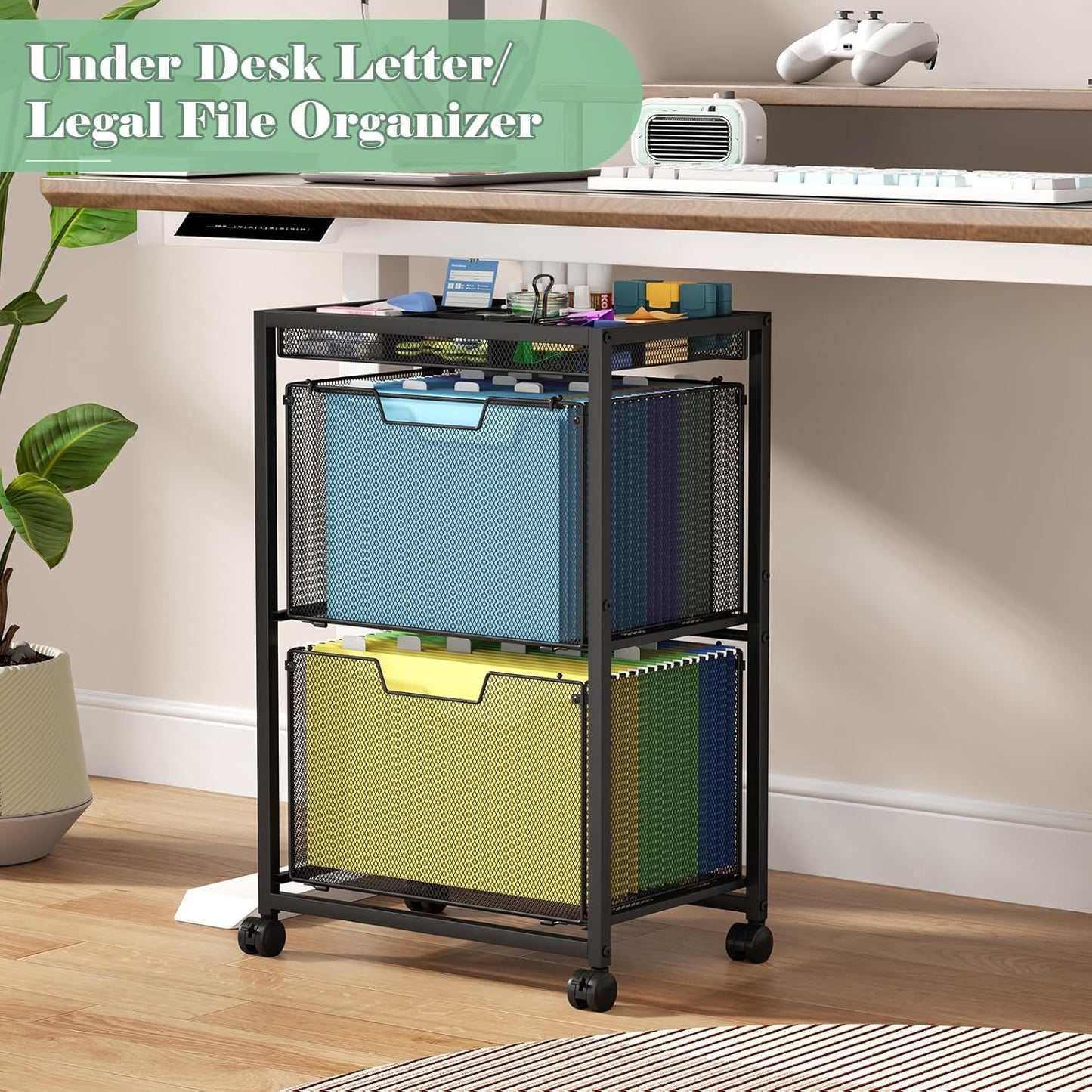 Rolling File Cart with 3 Storage Drawers, Under Desk Filing Cabinet with DIY Divider, Hanging File Folder Organizer on Wheels, Fits A4/Letter Size, Metal Utility Cart for Home Office, Black