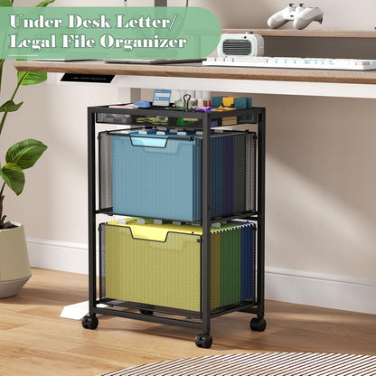Rolling File Cart with 3 Storage Drawers, Under Desk Filing Cabinet with DIY Divider, Hanging File Folder Organizer on Wheels, Fits A4/Letter Size, Metal Utility Cart for Home Office, Black