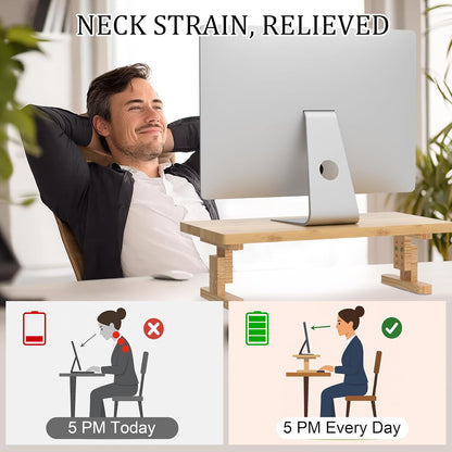 Bamboo Monitor Stand Riser for Desk, Height Adjustable Computer Riser & Laptop Stand, Ergonomic Desktop Organizer Shelf W/ Underneath Storage, Sturdy 100 lbs Capacity for Printer/TV/Home Office
