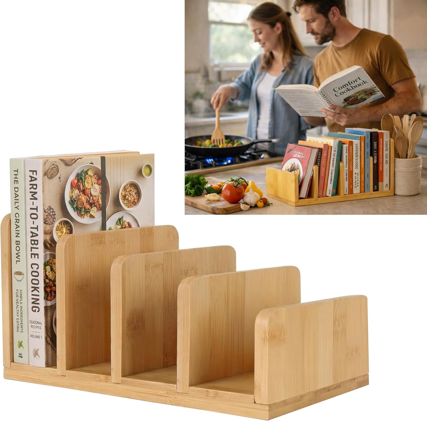 Natural Bamboo Cook Book Organizer Stand, 4 Slots Vertical Book Rack for Kitchen Countertop,Sturdy Recipe Book Holder & Binder Organizer,Easy to Assemble Cookbook Storage for Desk,Living Room
