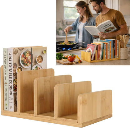 Natural Bamboo Cook Book Organizer Stand, 4 Slots Vertical Book Rack for Kitchen Countertop,Sturdy Recipe Book Holder & Binder Organizer,Easy to Assemble Cookbook Storage for Desk,Living Room