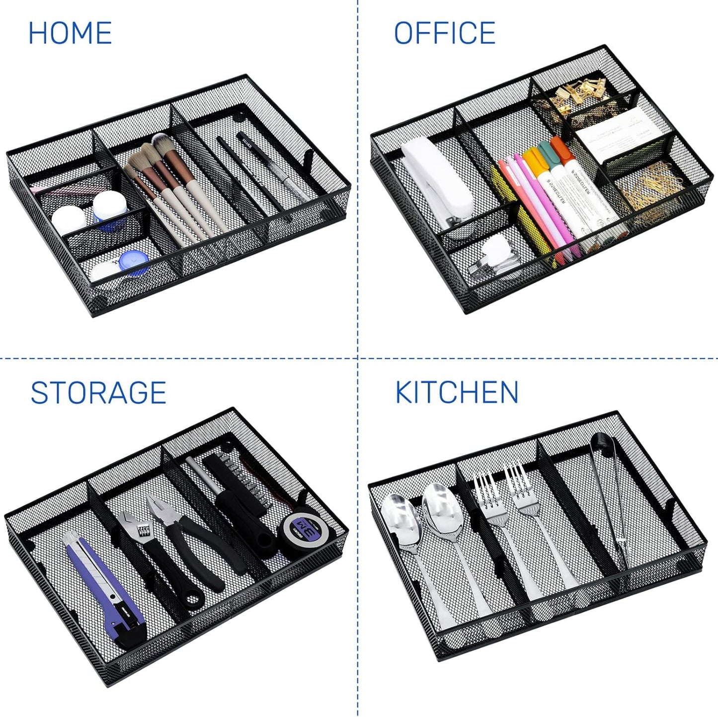 Neudeco Desk Drawer Organizer with 6 Adjustable Dividers, Metal Mesh Pen Organizer for Desk Drawer, Office Supplies Tray (Pack of 4, Black)