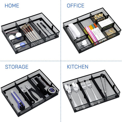 Neudeco Desk Drawer Organizer with 6 Adjustable Dividers, Metal Mesh Pen Organizer for Desk Drawer, Office Supplies Tray (Pack of 4, Black)