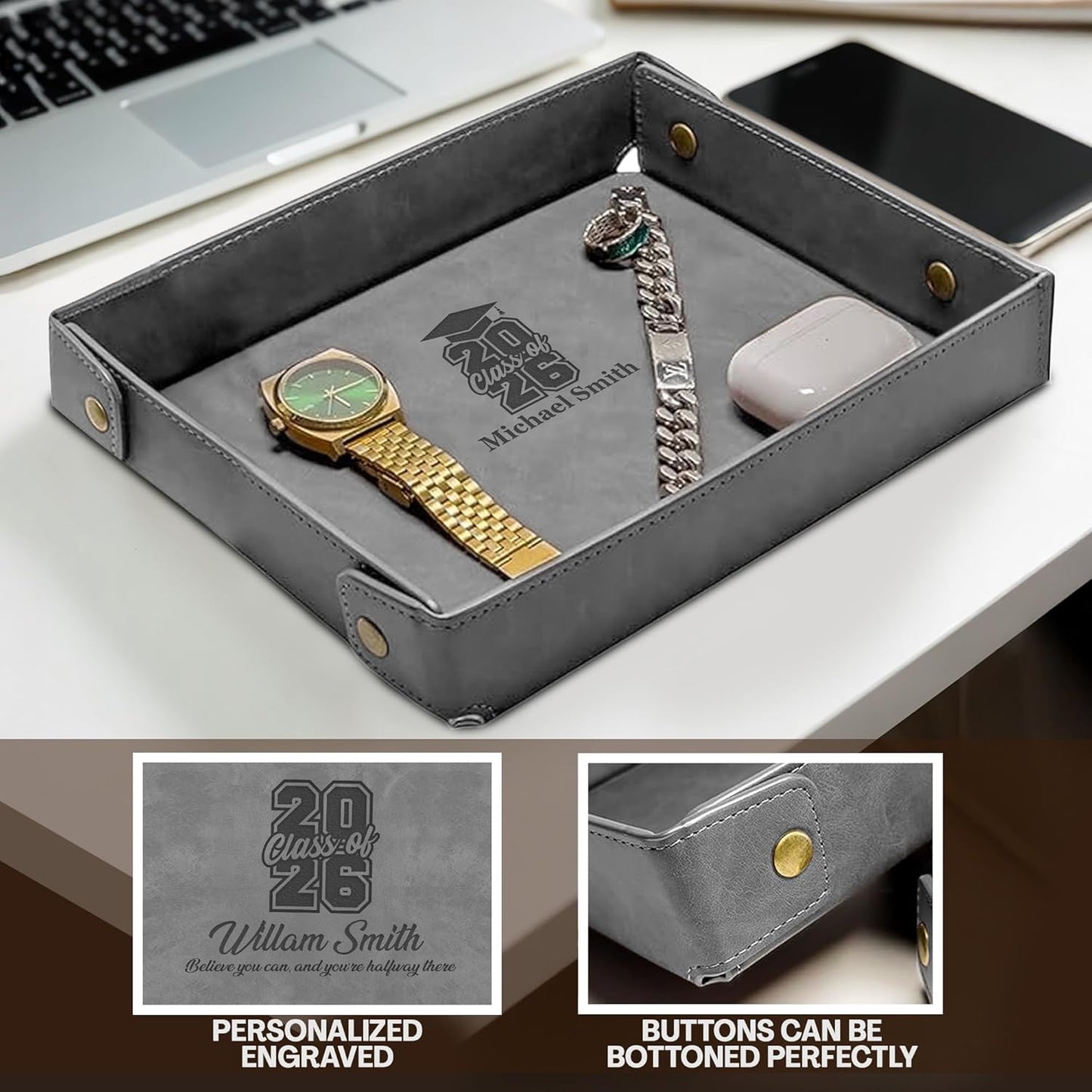 Engraved Leather Valet Tray for Men – Personalized Catchall with Custom Name for Desk, Dresser, Nightstand – Men's Organizer Tray for Keys, Wallet, Jewelry, Personalized Gift for Home, Office - Coffee
