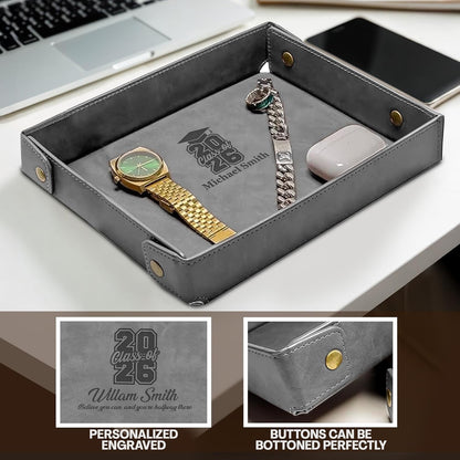 Engraved Leather Valet Tray for Men – Personalized Catchall with Custom Name for Desk, Dresser, Nightstand – Men's Organizer Tray for Keys, Wallet, Jewelry, Personalized Gift for Home, Office - Coffee