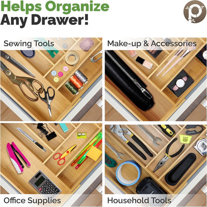 Pristine Bamboo Expandable Drawer Organizers for Kitchen - Extra Deep Non-Slip 17” x 14.6” (expands up to 25 inches) - Dark Wooden Silverware Divider (10 Compartments) – Organize Cooking Utensils