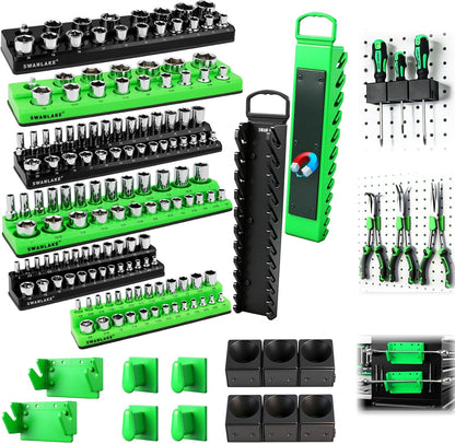 Magnetic Socket Organizer Set, 6PCS Socket Holder, 1/4", 3/8", 1/2" Sockets Holds 143 Pieces Magnetic Sockets Trays (Blue&red, 6 Pcs)