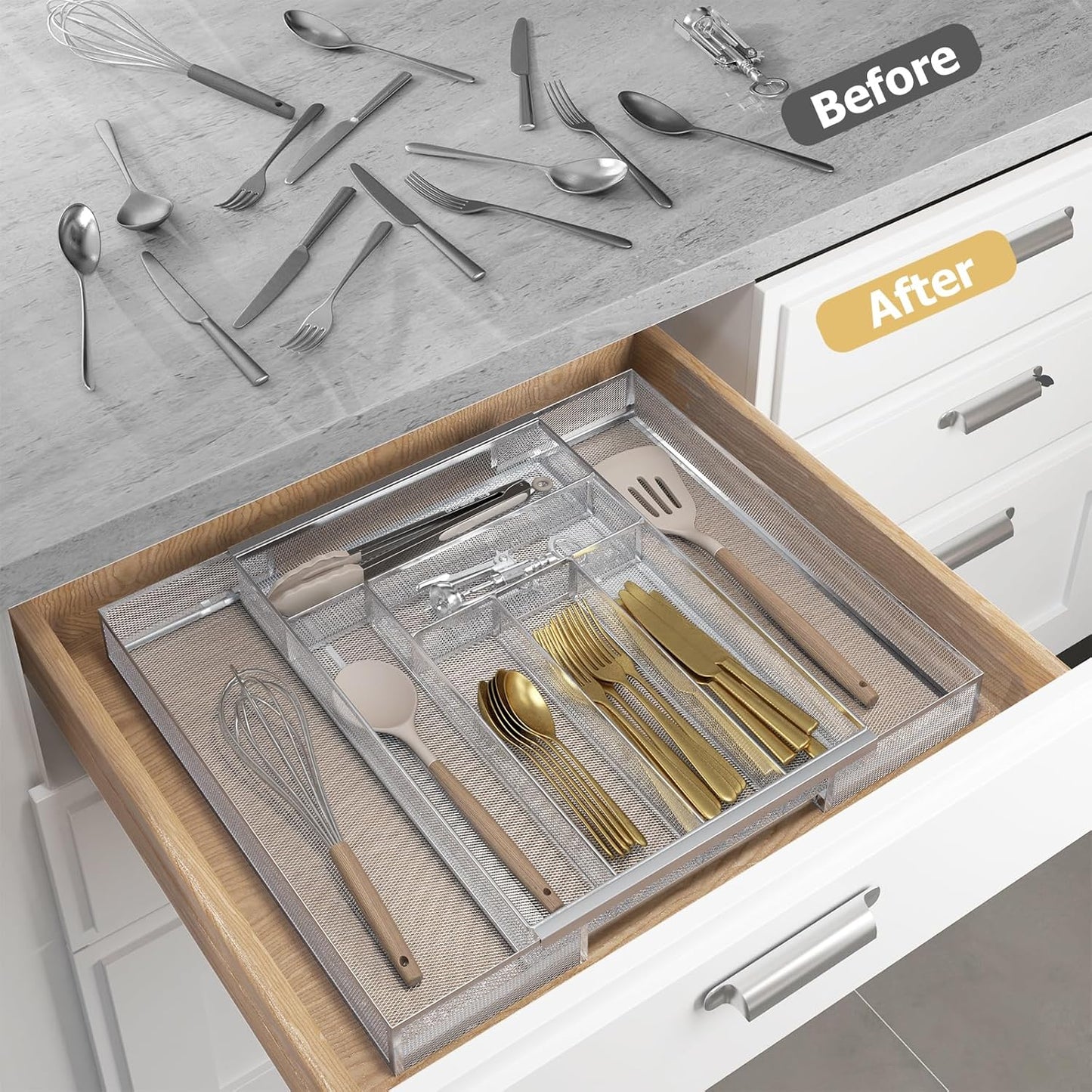 Sedegn Silverware Organizer Metal Mesh, Small Drawer Organizer, Utensil Cutlery Tray for kitchen drawers, Flatware Organizer with 5 Compartment, Black(9.3"*12.6")