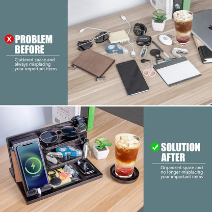 Parkway Home Wood Phone Docking Station with Drawer, Compatible with Apple Watch - Wood Charging Station Organizer Stand, Bedside Nightstand Organizer for Men, Holds Phone, Tablet, Keys, Glasses, EDC