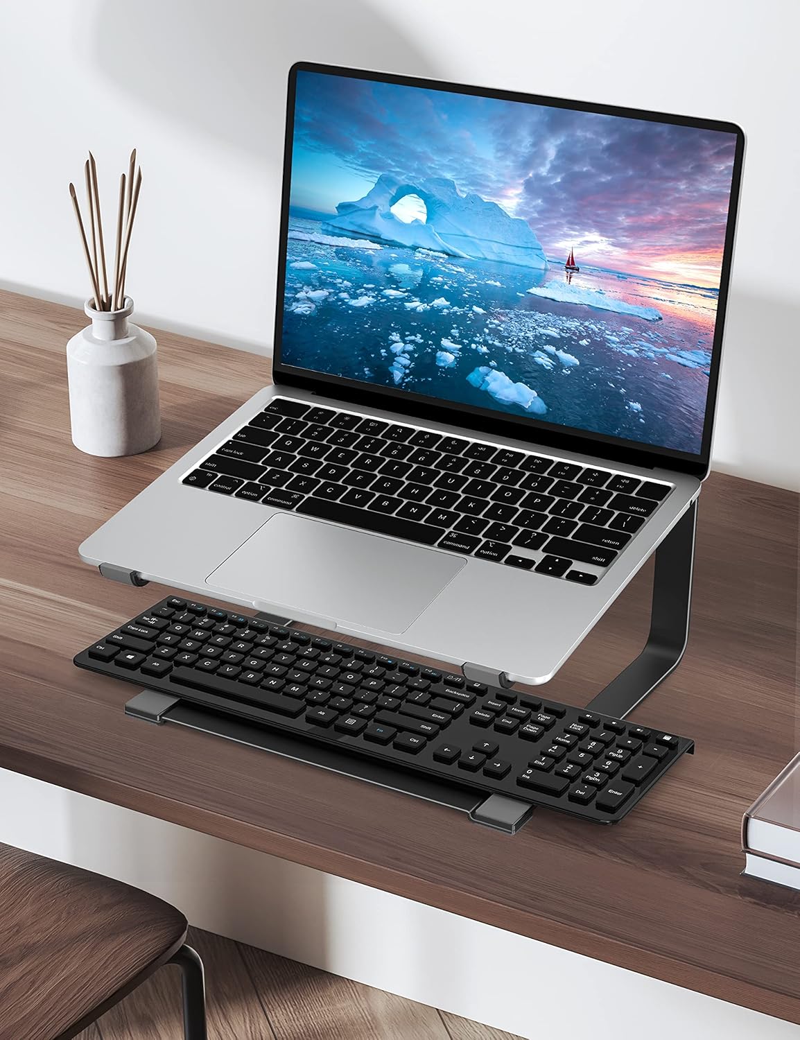 SOUNDANCE Laptop Stand for Desk, Ergonomic Metal Computer Riser for 12-17.3 Inch Laptops, Heavy Duty Stable Desktop Holder, Improves Eye Level & Workspace Organization, Silver