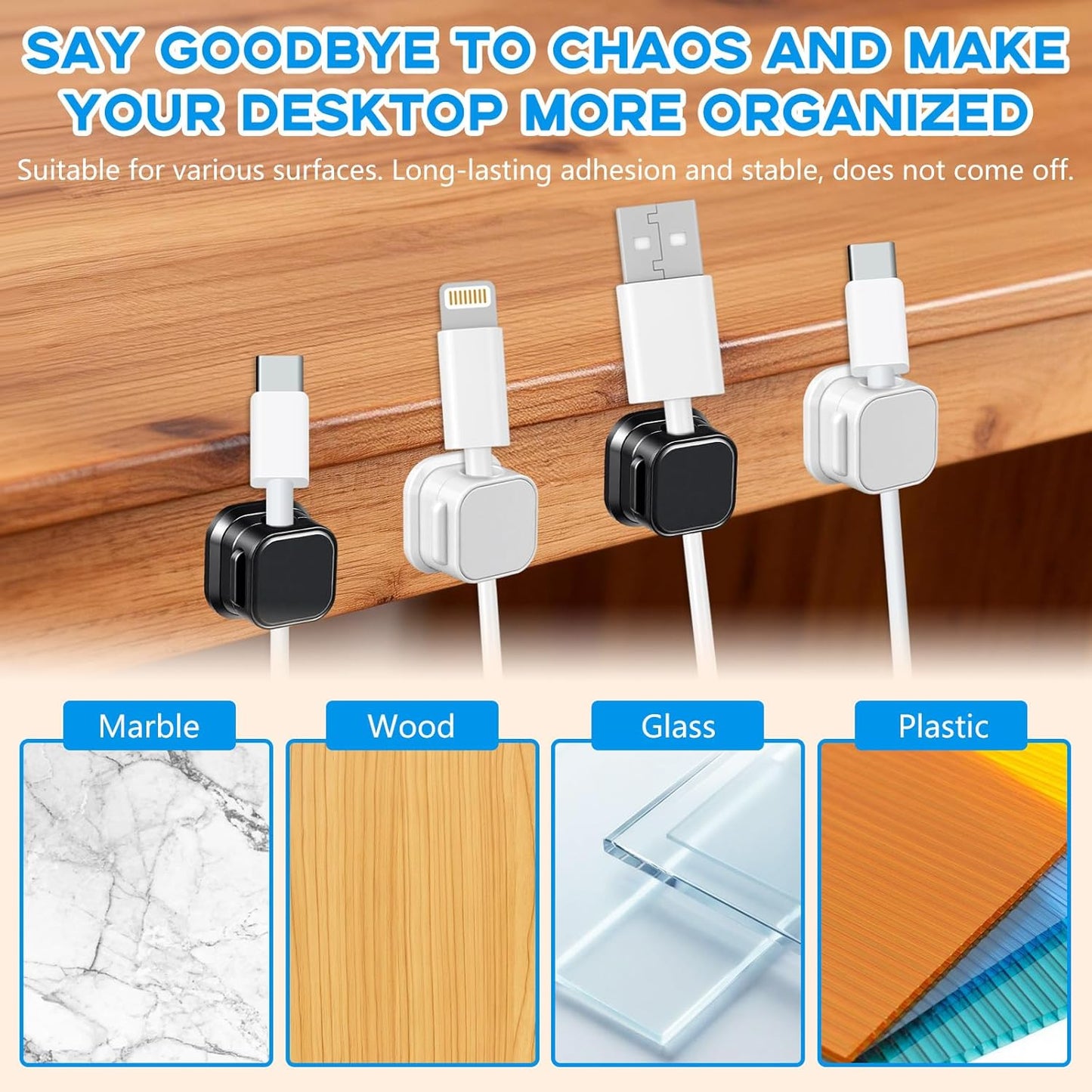Magnetic Cord Organizer, 12 Pack (6 Black + 6 White), Strong Adhesive Cable Management Clips for Desk, Nightstand, Office & Car