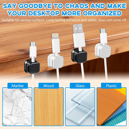 Magnetic Cord Organizer, 12 Pack (6 Black + 6 White), Strong Adhesive Cable Management Clips for Desk, Nightstand, Office & Car