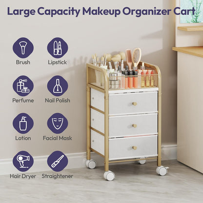 SWTYMIKI Rolling Makeup Organizer Cart - Under Desk Vanity Makeup Storage with 3 Non-woven Drawers, Nail Cart Organizer Cosmetic Display Cases Cabinet for Skin Care Perfume Nail Polish Brush Hair Tool