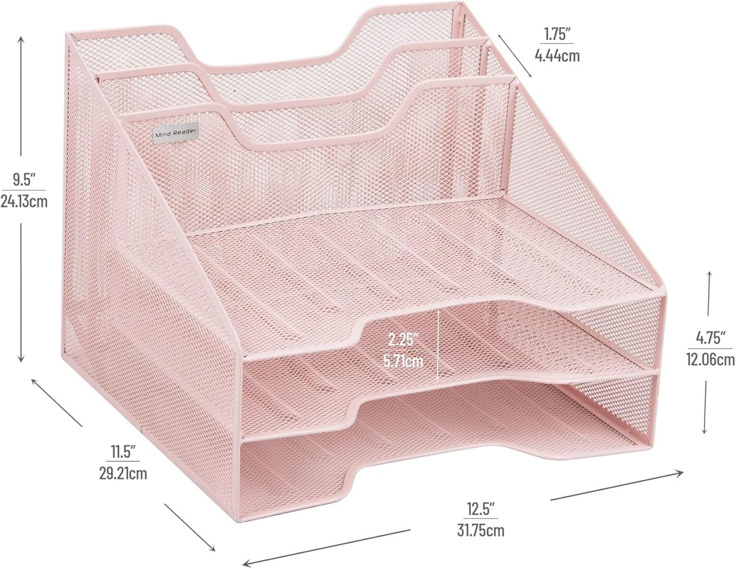 Mind Reader Metal Mesh Desktop File Organizer, 3-Tier Paper Tray with 5 Compartments, Office Mail Sorter, White