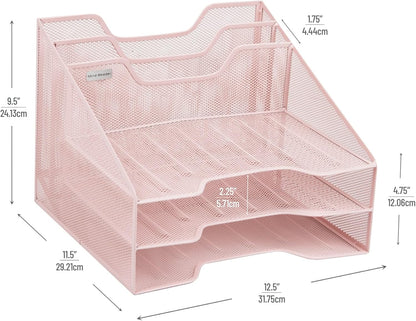 Mind Reader Metal Mesh Desktop File Organizer, 3-Tier Paper Tray with 5 Compartments, Office Mail Sorter, White