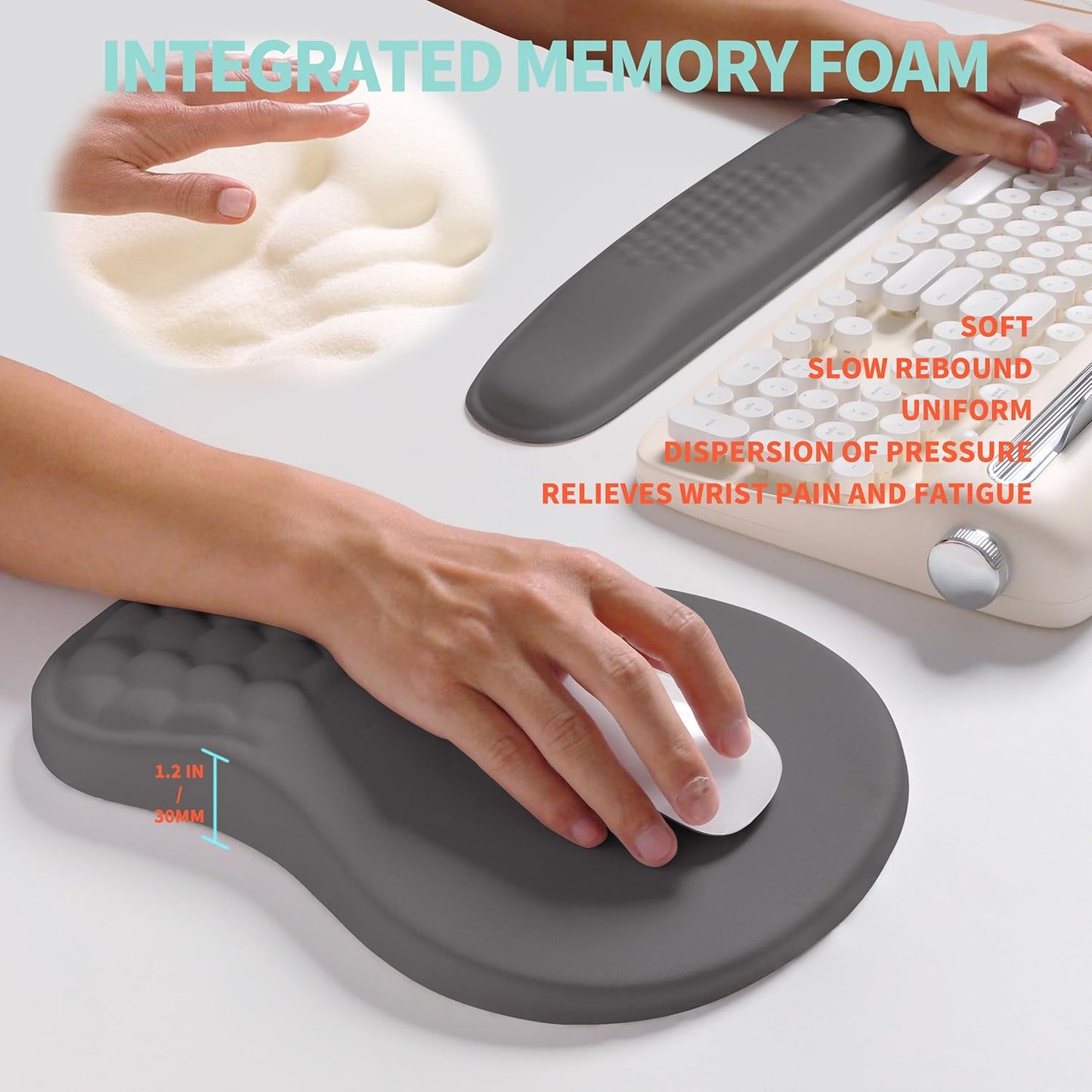 2-in-1 Ergonomic Set, Wave Rise Keyboard Wrist Rest and Massage Bulge Slope Mouse Pad Wrist Support, Cushion Memory Foam Integrated to Relieve Wrist Pain, Black