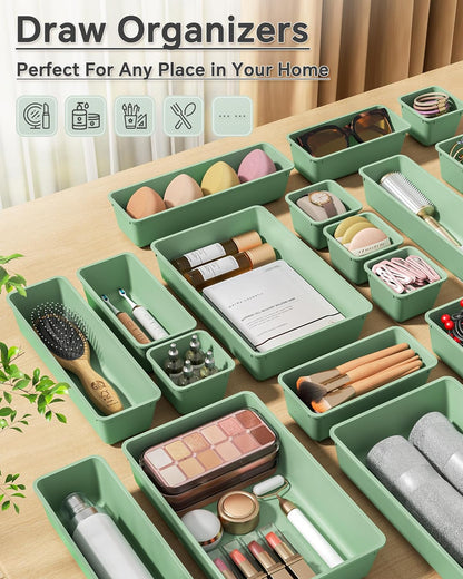 KEMETHY 25 PCS Plastic Drawer Organizers Set, 4 Sizes Vanity Organizer, Makeup and Desk Drawer Organizer Trays, Organization and Storage for Makeup, Bathroom, Kitchen Utensils and Office (Black)