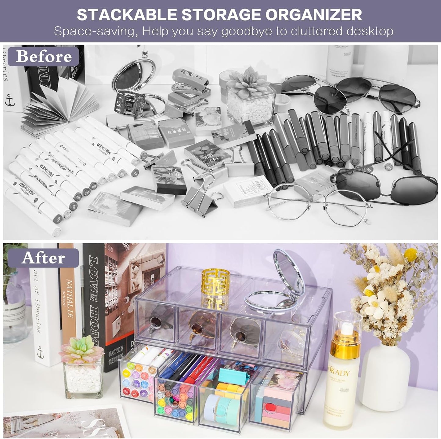 Desk Organizer with 4 Drawers, FODIENS Stackable Desktop Storage Box with Removable Drawer, Clear Sunglasses Organizer Display Case for Stationery Marker Pens Eyeglasses Office Supply