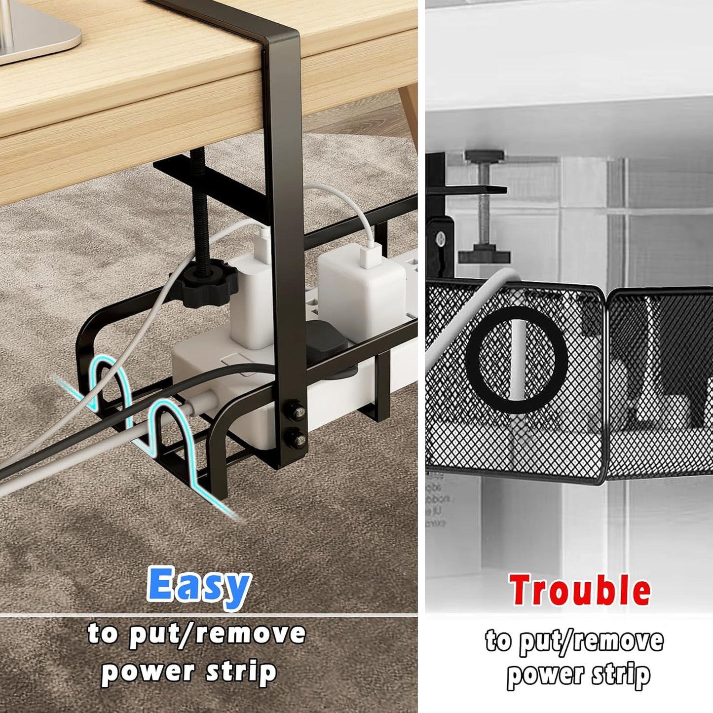 Sleclean Under Desk Cable Management Tray, 2 Pack, 16.6"x4.7" Steel Cable Organizers With Upgraded Long Arm Clamp, No Drill Wire Management for Home - No Damage to Desk