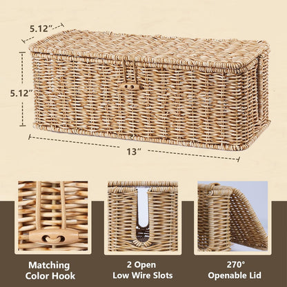 BROWNLILY Cable Management Box, Rattan Style Cord Organizer for Desk Cord Hider Outlet Covers Baby Proofing for Power Strip TV PC Router Charger Under Desk Storage with Lockable Lid and Cable Ties