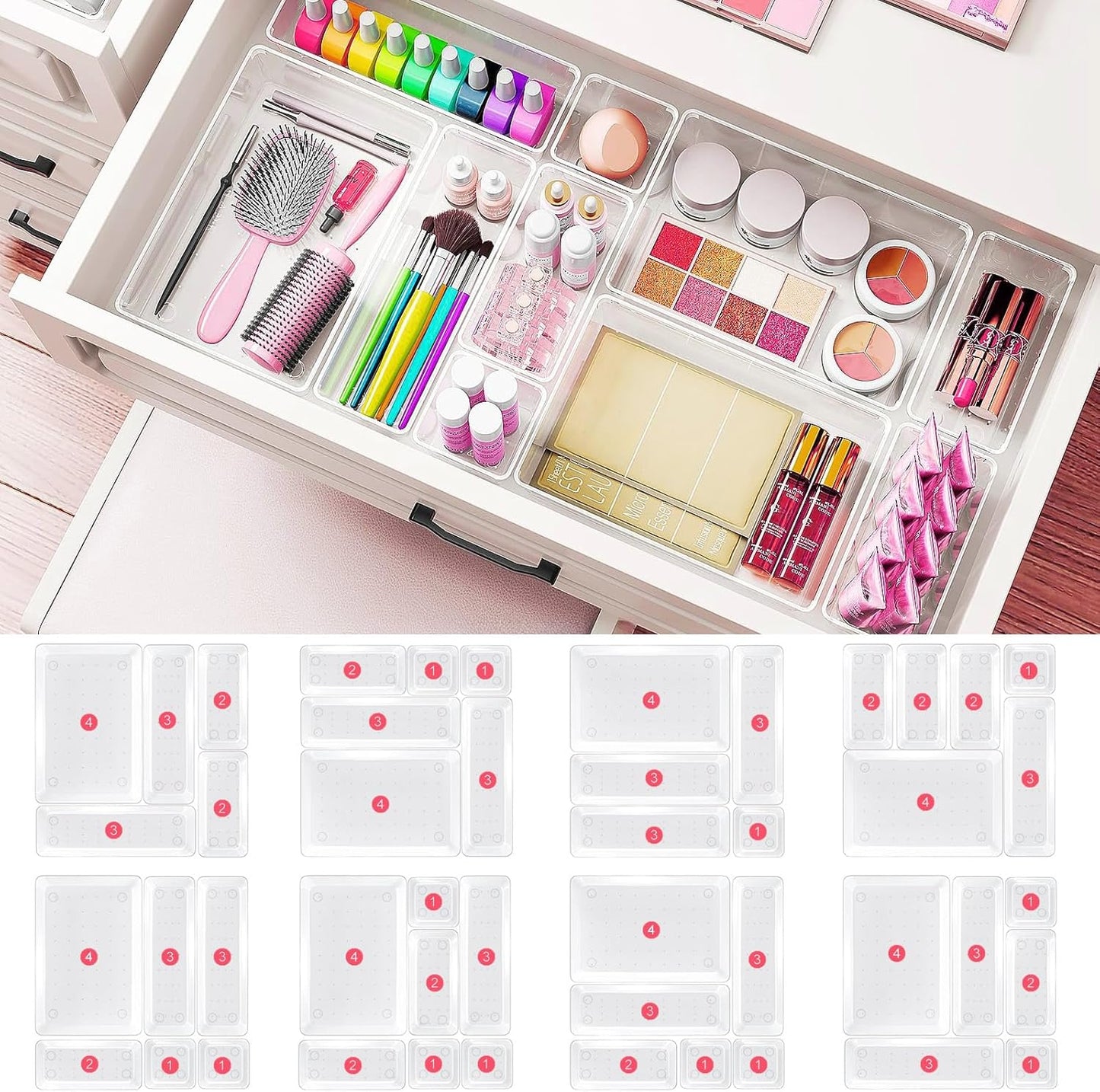 15 Piece Clear Plastic Drawer Organizers Set - 4 Sizes Bathroom & Dresser Storage Bins, Stackable Kitchen Desk Organizer Trays for Makeup, Jewelry, Utensils, Junk, Gadgets