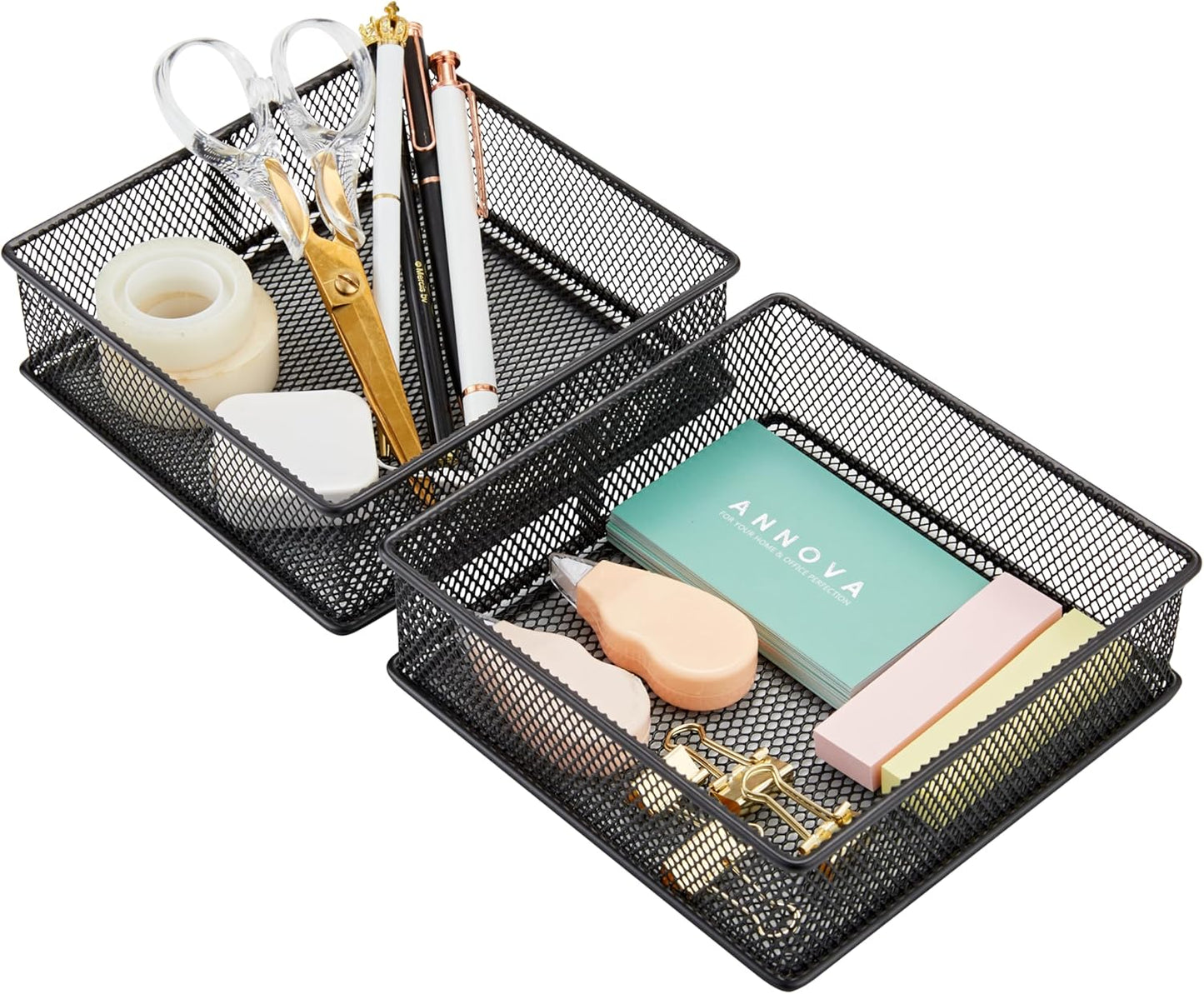Annova Stackable Mesh Drawer Cabinet and Shelf Organizer Bins Storage Basket School Office Supply Holder Tray- Set of 2 (Gold, 3x3x2 Inch)