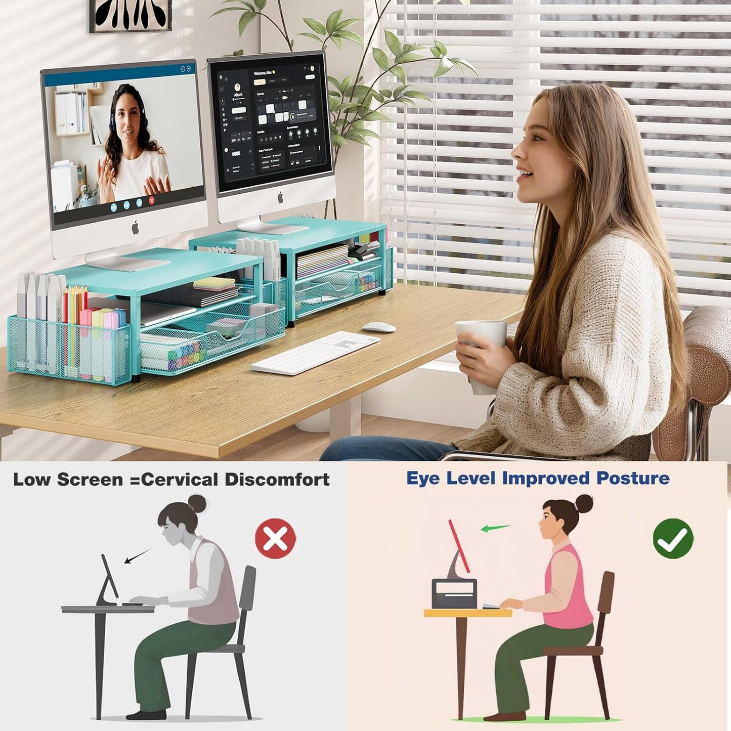 OPNICE Desk Organizer and Accessories, 2-Tier Computer Monitor Stand Riser with Drawer and 2 Pen Holders, Laptop Stand, Office Desk Accessories for Office Supplies, Black