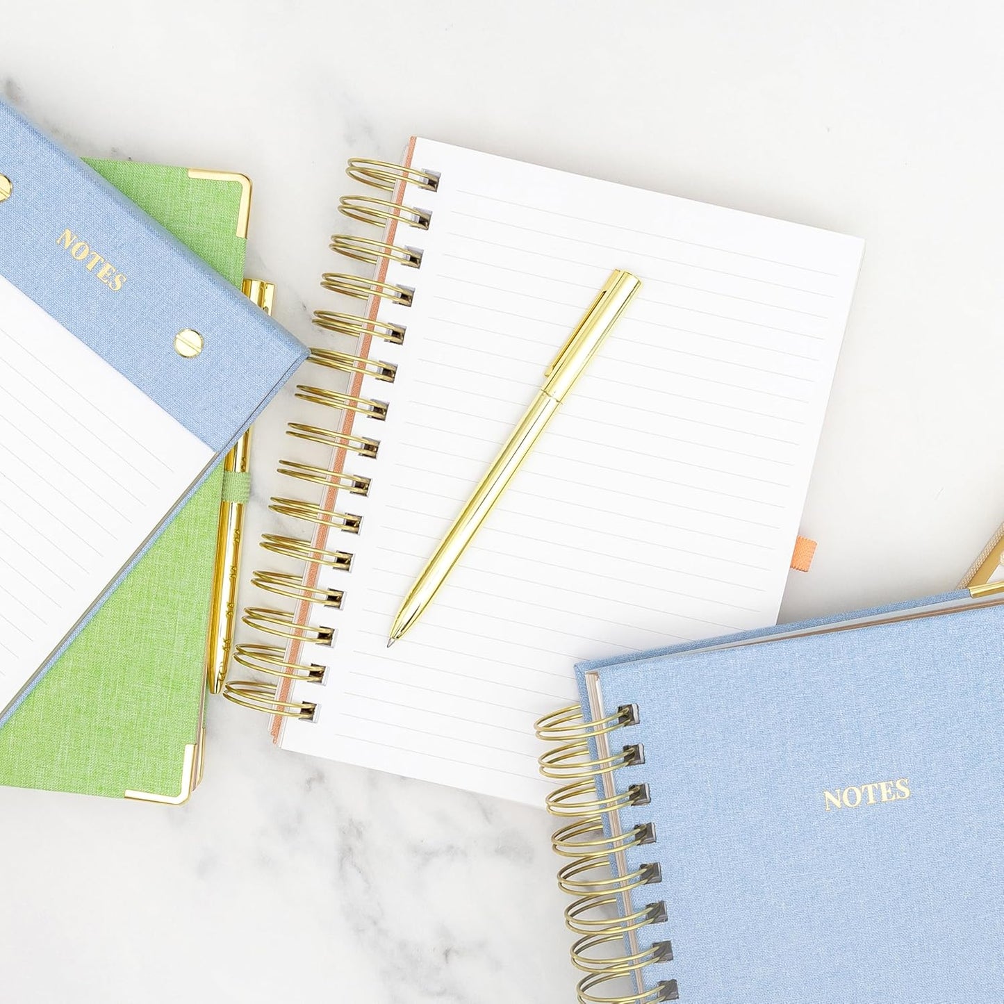 ELYN Lined Spiral Journal, Linen Hardcover Notebook with Matching Gold Gel Pen, 252 Pages, 8 in x 5 in - 100 GSM Premium Paper, Spiral Notebook for Home, Office, Notes & Gifts, (Linen)