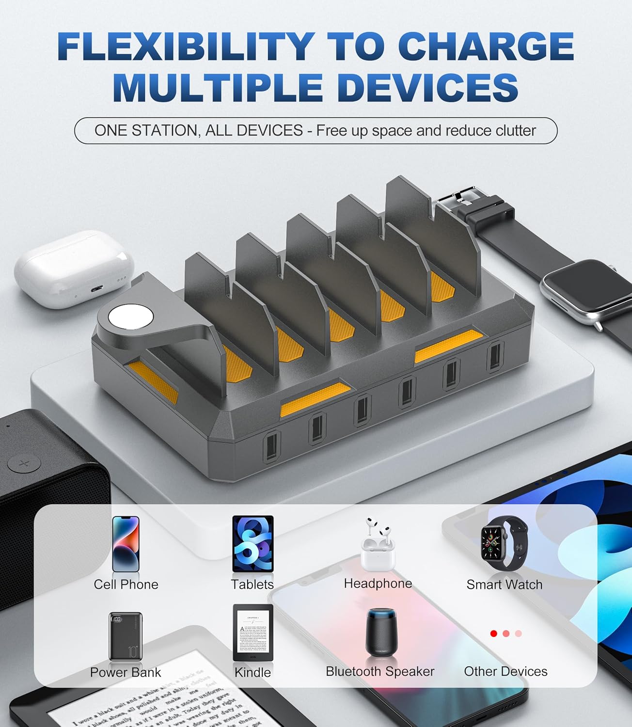 Charging Station for Multiple Devices, Honcila 6 in 1 Multi Charger Station Charging Dock for Cellphone Tablet iPhone iPad and More - 50W Charging Station Organizer with 6 Mixed Charging Cables