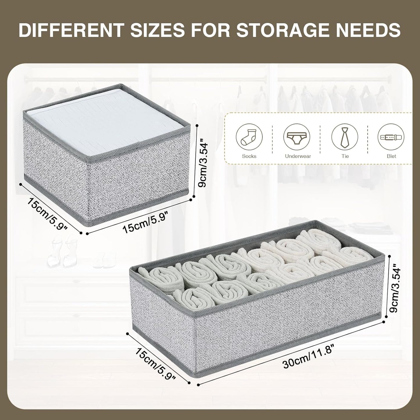 DIMJ Drawer Organizers Clothes, Dresser Organizer Bins for Baby Clothes,Underwear and Sock, Fabric Closet Organization and Storage Boxs, Drawer Dividers for Nursery, Clothing, Tie - 4 Pack, Beige