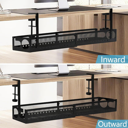 Under Desk Cable Management Tray No Drill - 25'' Large Metal Mesh Cord Organizer with Clamp Mount 2 Hole Cable Organizer Tray with Wire Management for Home Office Standing Desk