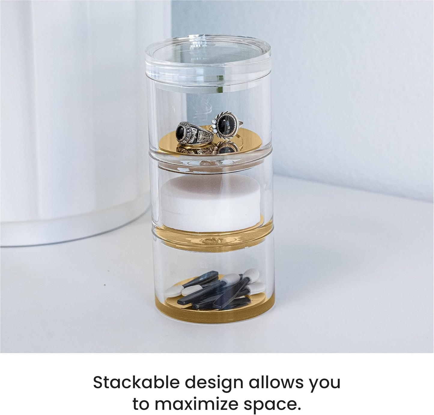 OfficeGoods 3-Tier Stackable Acrylic Holder- Stylish Desk Organizer and Storage for Office or Home – Transparent Round Design with Gold Metal Base