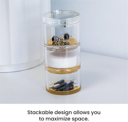 OfficeGoods 3-Tier Stackable Acrylic Holder- Stylish Desk Organizer and Storage for Office or Home – Transparent Round Design with Gold Metal Base
