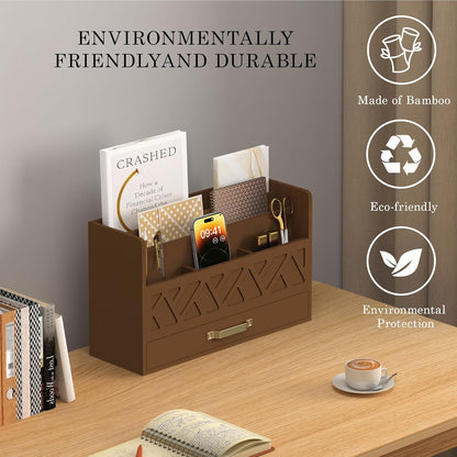 WISUCART Bamboo Desk Organizer Mail Holder Countertop Wood Desk Drawer Tabletop Storage Box Pen Holder Letter Sorter Makeup Organizer for School Home Office Supplies with Pen Holder White