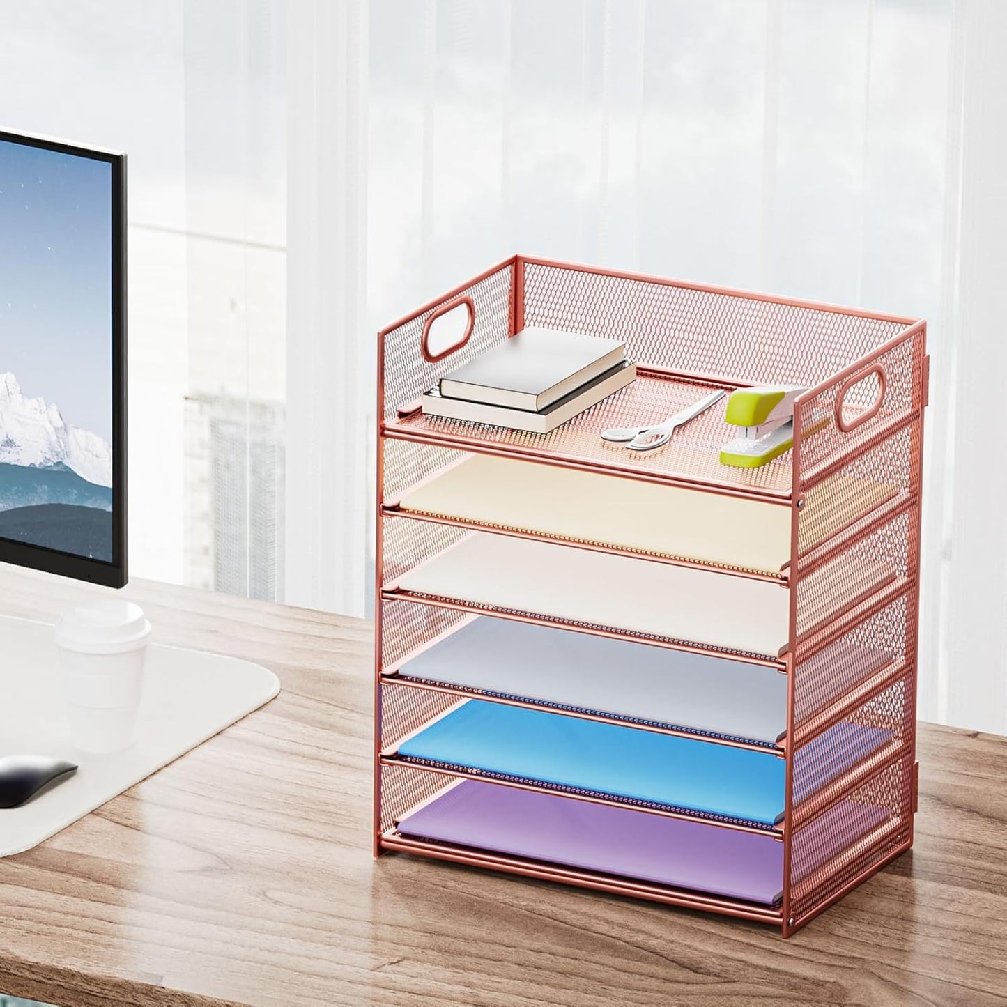 Marbrasse 6 Tier Paper Organizer Letter Tray - Mesh Desk File Organizer with Handle, Paper Sorter Organizer for Letter/A4 Office File Folder Holder - Black