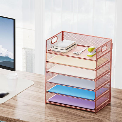 Marbrasse 6 Tier Paper Organizer Letter Tray - Mesh Desk File Organizer with Handle, Paper Sorter Organizer for Letter/A4 Office File Folder Holder - Black
