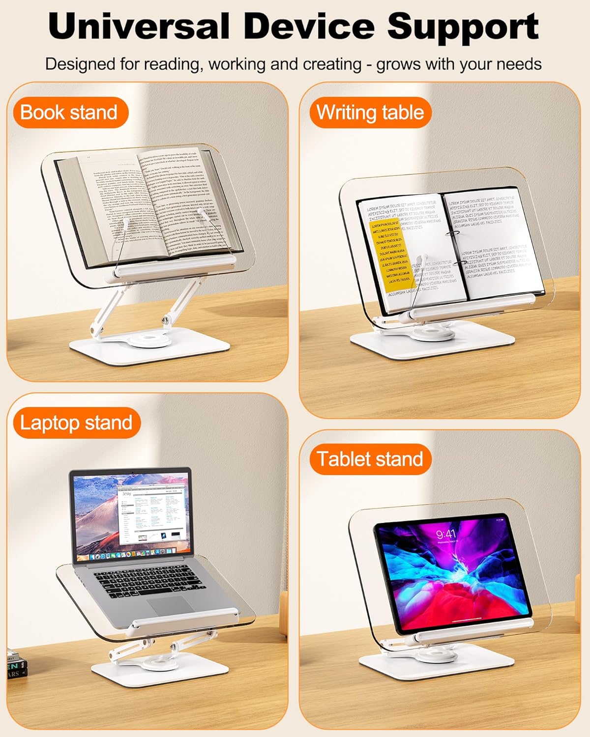 BYMECOST Acrylic Book Stand for Reading, Adjustable Book Holder with 360° Rotating Base & Elastic Page Clips, Foldable Desktop Riser Stand for Cookbook,Laptop,Tablet,Music Scores,Recipe,Textbook
