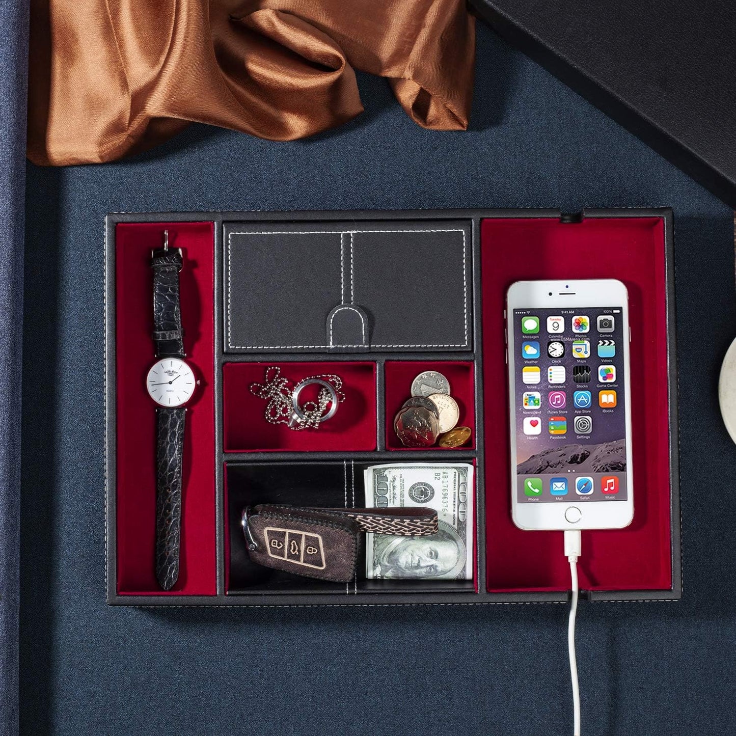 Leather Valet Tray for Men - EDC Catch All, Dresser Organizer, Jewelry & Wallet Desk Accessory, Bedside Entryway Key Catchall