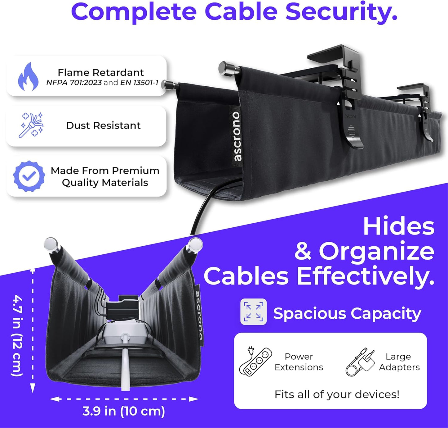 Ascrono Original No Drill Under Desk Cable Management Tray 27.3" - Premium White Fabric Cable Management Under Desk - Clamp/Screw Mount Cord Organizer - Supports Upto 66lbs