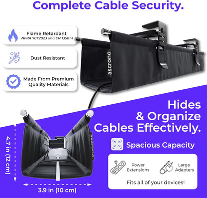 Ascrono Original No Drill Under Desk Cable Management Tray 27.3" - Premium White Fabric Cable Management Under Desk - Clamp/Screw Mount Cord Organizer - Supports Upto 66lbs
