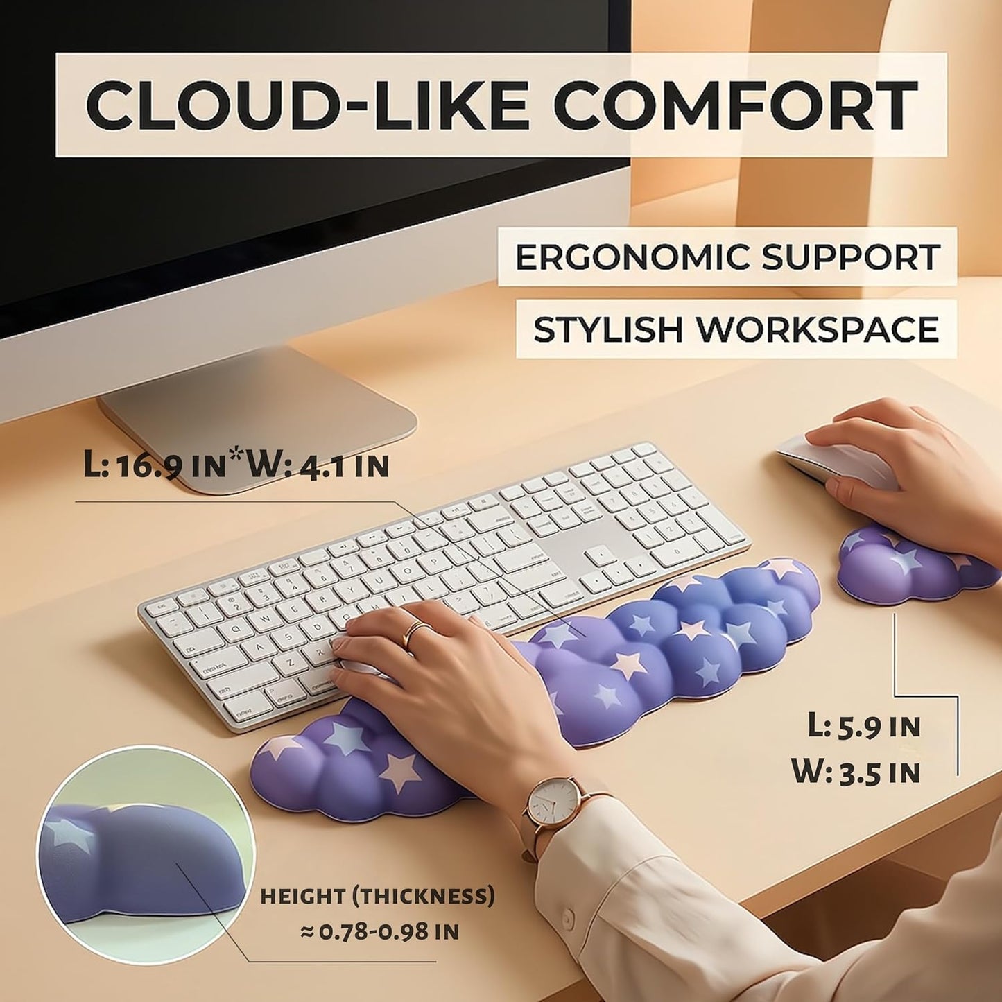 Cloud Wrist Rest Set for Keyboard and Mouse, Includes Cute Coaster, with Computers and Laptops（Purple Star Set）