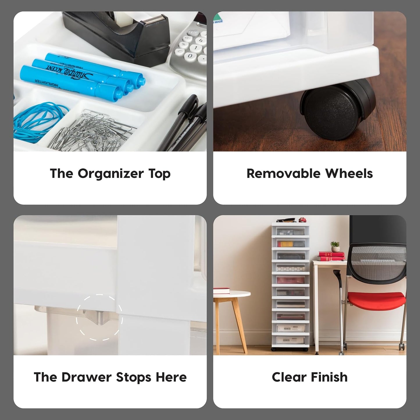IRIS USA Plastic Drawer Storage Organizer Rolling Cart, with Wheels Casters, 4-Drawers, for Classroom Art Craft Supplies Dresser Closet Bathroom Laundry Room, Black/Pearl