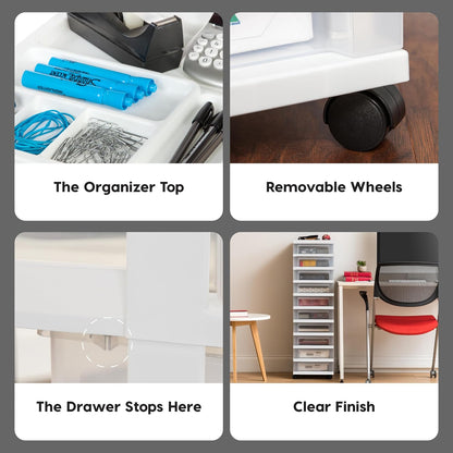 IRIS USA Plastic Drawer Storage Organizer Rolling Cart, with Wheels Casters, 4-Drawers, for Classroom Art Craft Supplies Dresser Closet Bathroom Laundry Room, Black/Pearl