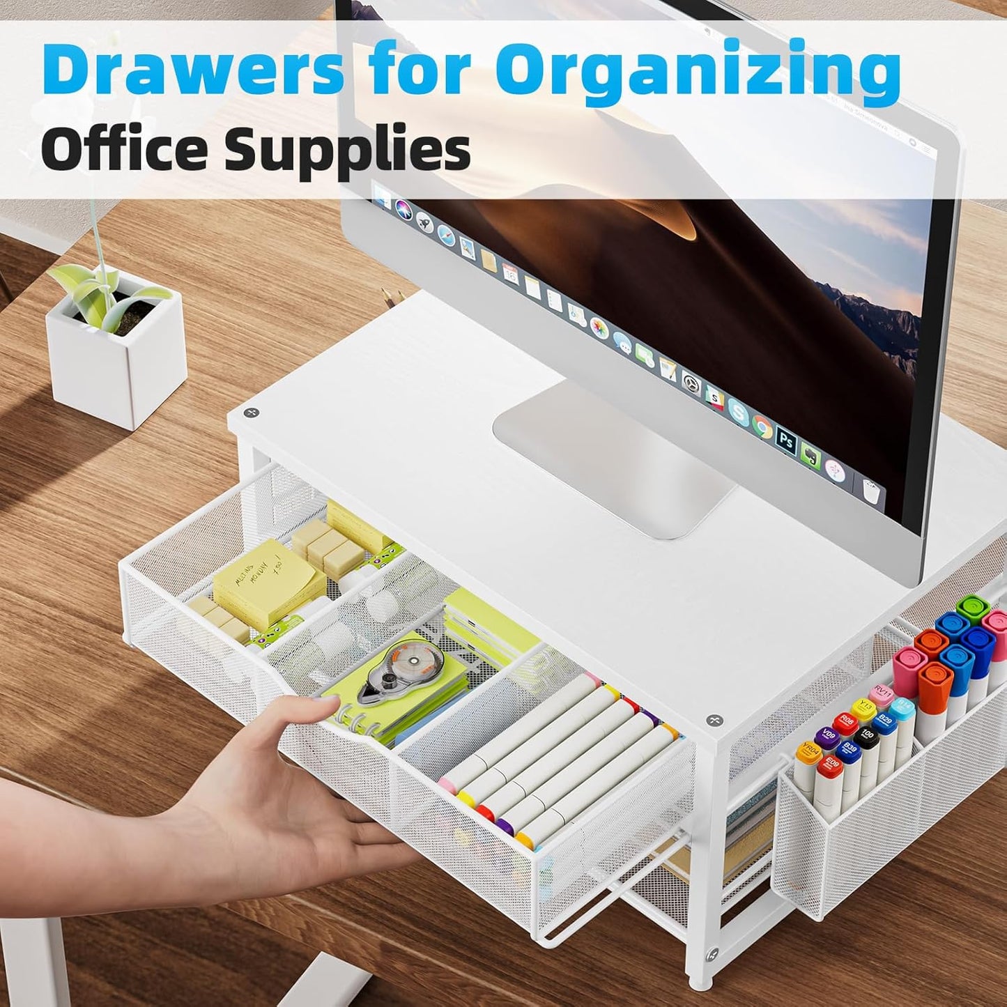 Marbrasse Metal Printer Stand for Desk with Storage Drawer and 2 Pen Holders, 2-Tier Desktop Organizer Printer Table for Home Office, Multi-Purpose Desk Organizer for Fax Machine Scanner Files(Black)