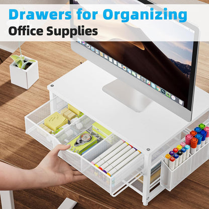 Marbrasse Metal Printer Stand for Desk with Storage Drawer and 2 Pen Holders, 2-Tier Desktop Organizer Printer Table for Home Office, Multi-Purpose Desk Organizer for Fax Machine Scanner Files(Black)